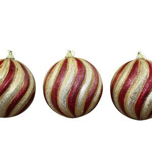 Vintage Red Gold Glitter Ball Christmas Ornament Lot of 3 Holiday Wavy Swirl